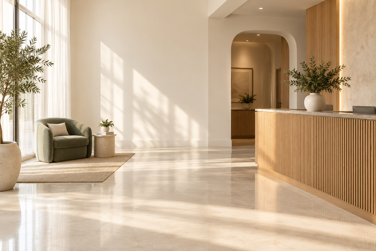 Illustrative sunlit clean office interior
