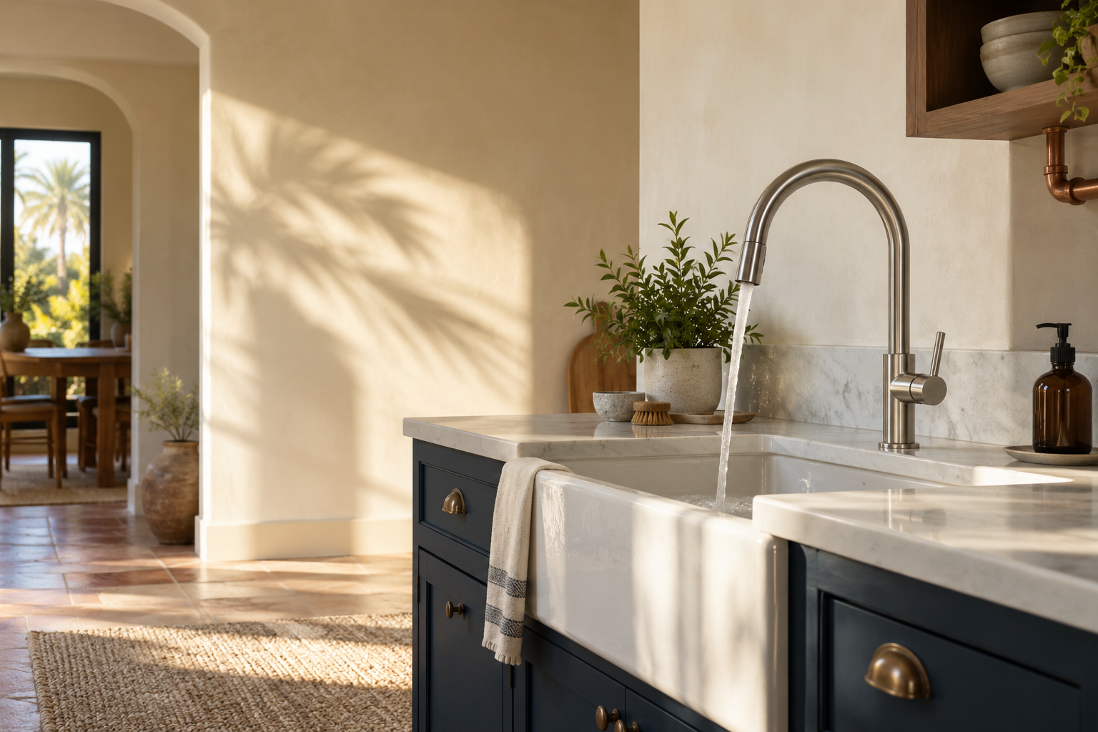 Illustrative sunlit kitchen with a modern faucet